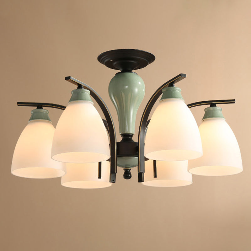 Opal Glass Bell Semi Flush Chandelier in Light Green - Classic Living Room Light Fixture