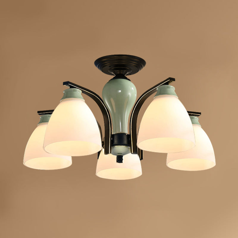 Opal Glass Bell Semi Flush Chandelier in Light Green - Classic Living Room Light Fixture