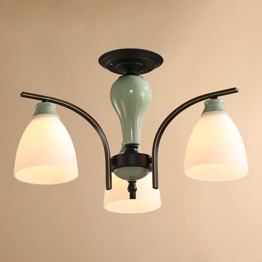 Opal Glass Bell Semi Flush Chandelier in Light Green - Classic Living Room Light Fixture