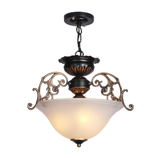 Vintage Gold-Black Inverted Dome Ceiling Light With Frosted Glass 3 Hanging Heads