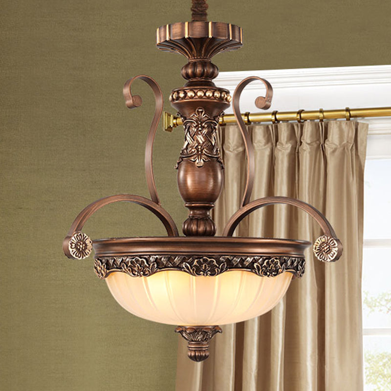 Rustic 3-Head Ribbed Glass Chandelier Suspension Light - Bronze