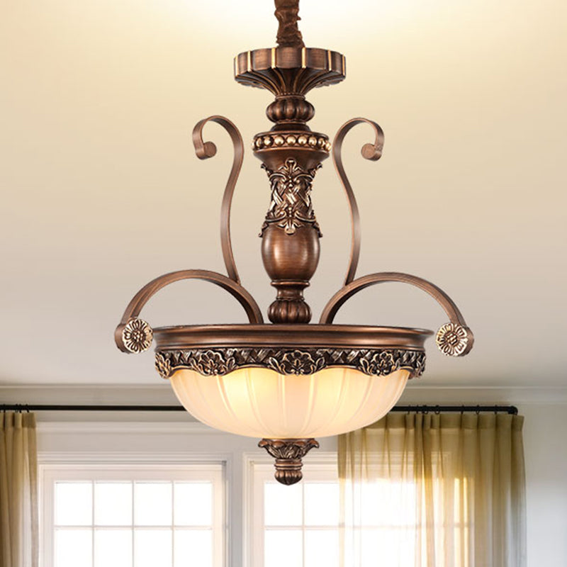 Rustic 3-Head Ribbed Glass Chandelier Suspension Light - Bronze