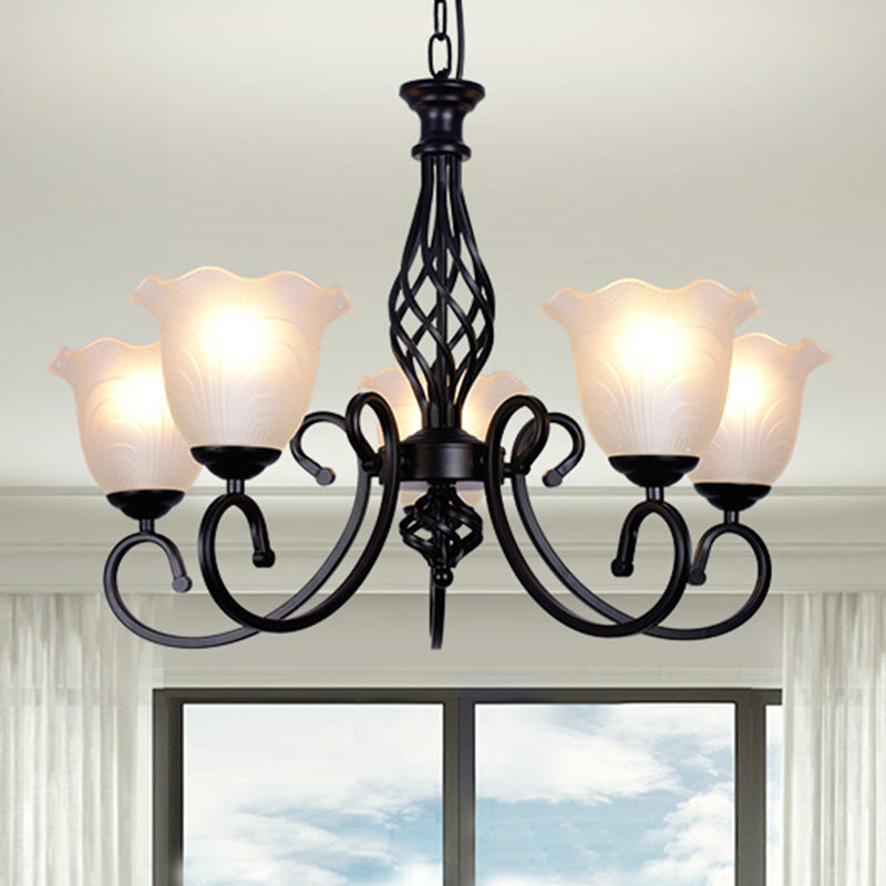 Ruffle Glass Floral Shade Chandelier For Classic Living Room Décor - Pendant Light With Scroll Arm 5