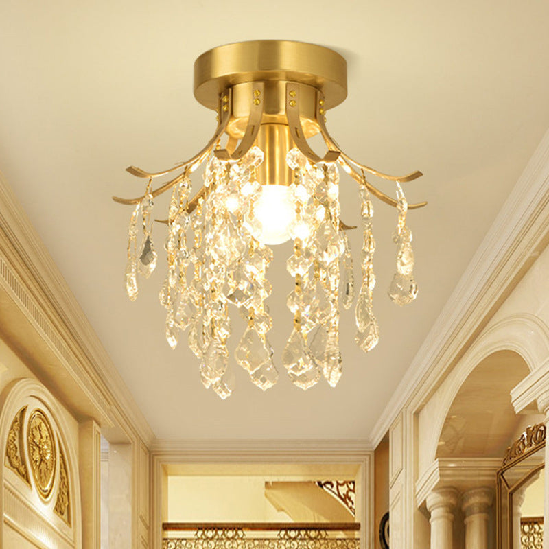 Sleek Raindrop Semi Flush Mount Ceiling Light: Postmodern Brass Fixture with Crystal Accent