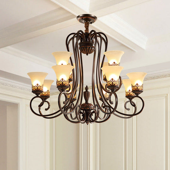 Red-Black Flared Shade Ceiling Lighting - Traditional Frosted Glass Chandelier For Living Room