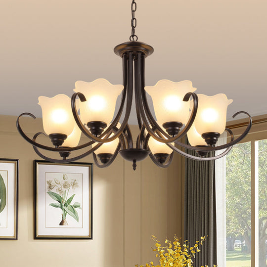 Retro Floral Shade Chandelier Pendant Light With Frosted Glass And Curved Arm - Vintage-Inspired