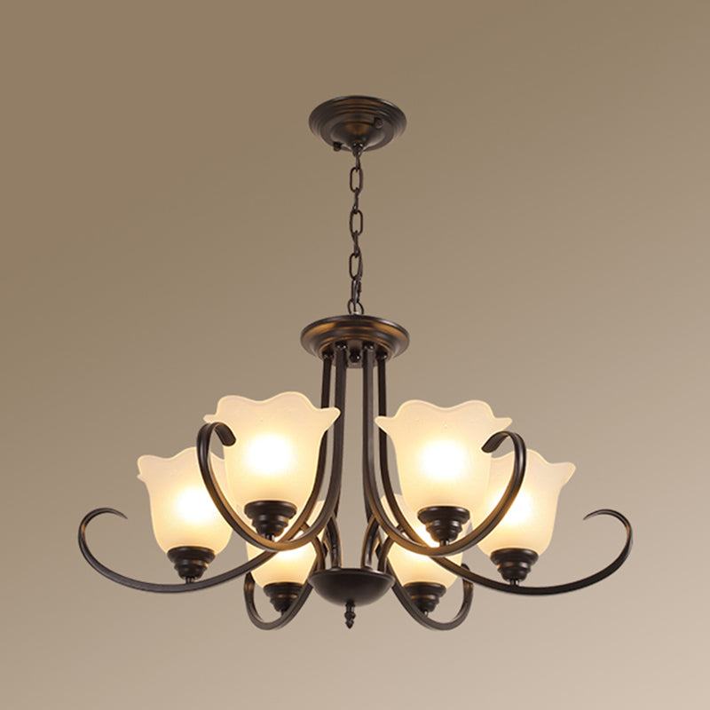 Retro Floral Shade Chandelier Pendant Light With Frosted Glass And Curved Arm - Vintage-Inspired