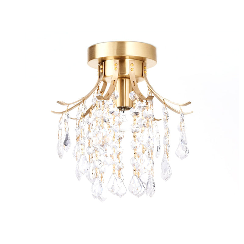 Sleek Raindrop Semi Flush Mount Ceiling Light: Postmodern Brass Fixture with Crystal Accent