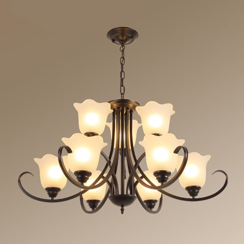 Retro Floral Shade Chandelier Pendant Light With Frosted Glass And Curved Arm - Vintage-Inspired