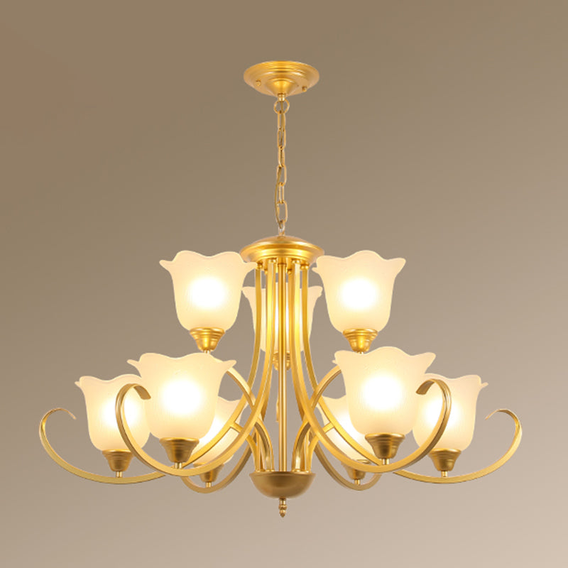 Retro Floral Shade Chandelier Pendant Light With Frosted Glass And Curved Arm - Vintage-Inspired