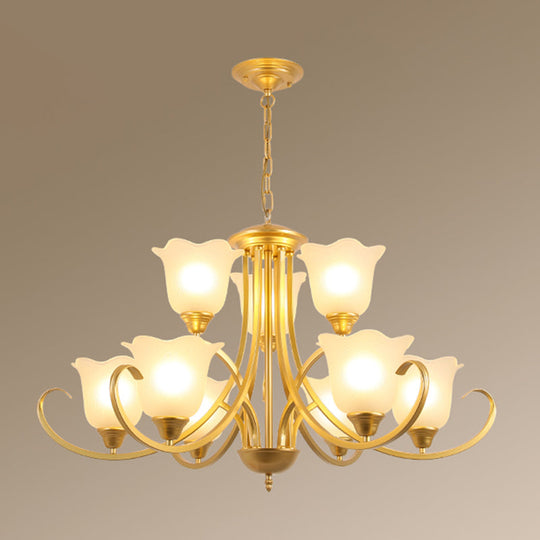 Retro Floral Shade Chandelier Pendant Light With Frosted Glass And Curved Arm - Vintage-Inspired