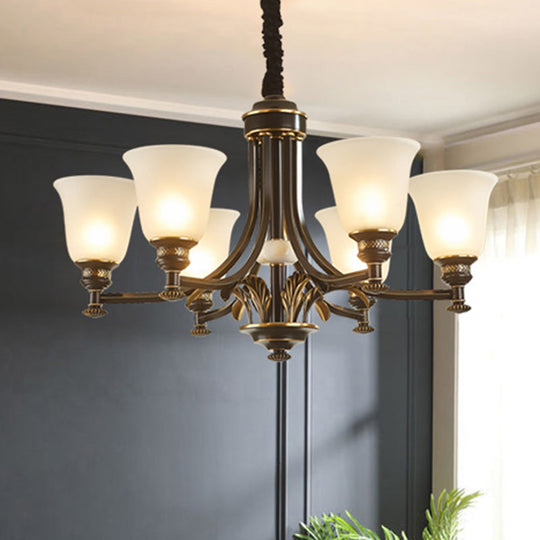 Rustic Black Frosted Glass Chandelier - Flared Suspension Light For Living Room