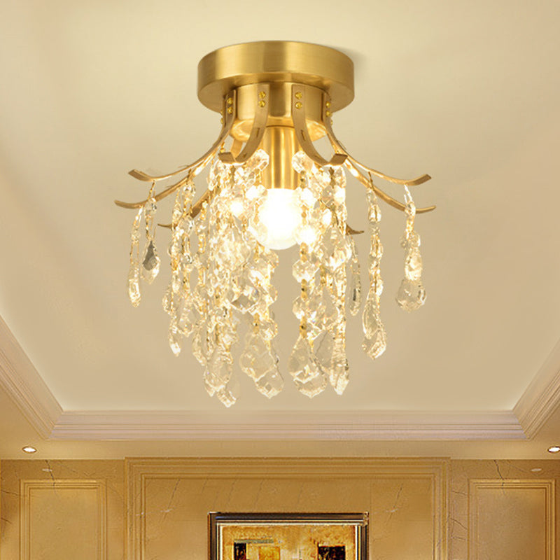 Sleek Raindrop Semi Flush Mount Ceiling Light: Postmodern Brass Fixture With Crystal Accent