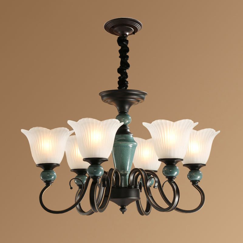 Traditional Flower Shade Ruffled Glass Ceiling Chandelier For Living Room Lighting 6 / Light Green