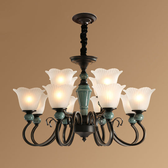 Traditional Flower Shade Ruffled Glass Ceiling Chandelier For Living Room Lighting