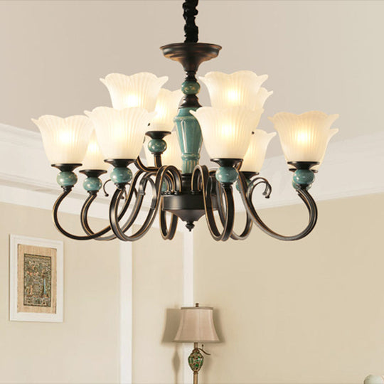 Traditional Flower Shade Ruffled Glass Ceiling Chandelier For Living Room Lighting