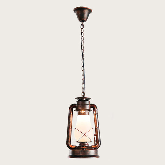 Antique Lantern Kerosene Hanging Light Fixture with Frosted Glass - Bedside Lighting