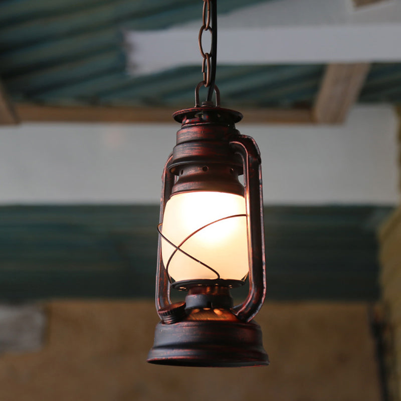 Antique Lantern Kerosene Hanging Light Fixture with Frosted Glass - Bedside Lighting