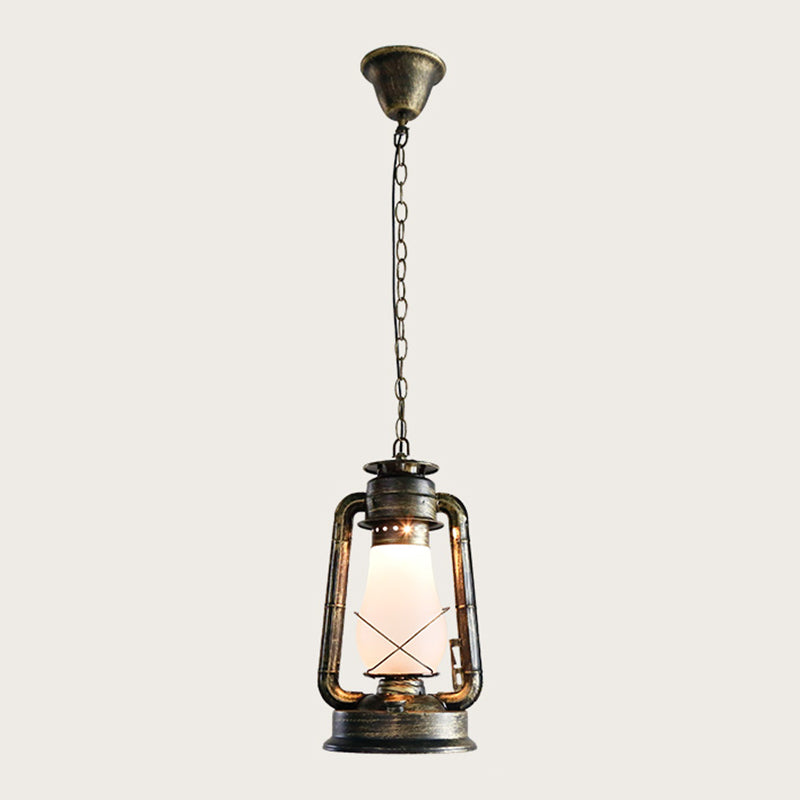 Antique Lantern Kerosene Hanging Light Fixture with Frosted Glass - Bedside Lighting