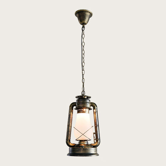 Antique Lantern Kerosene Light With Frosted Glass - Bedside Hanging Fixture Bronze / Large