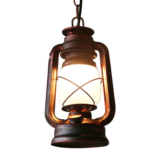 Antique Lantern Kerosene Hanging Light Fixture with Frosted Glass - Bedside Lighting