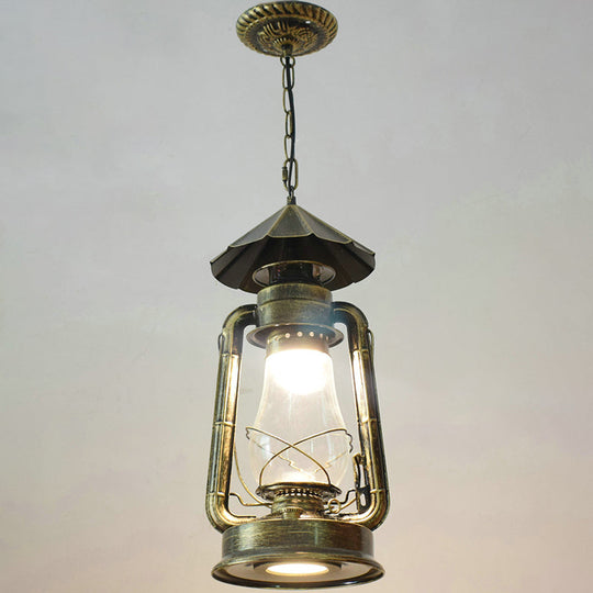 Simplicity Lantern Hanging Light For Restaurants With Metallic Kerosene Bulb Bronze / 8.5 C