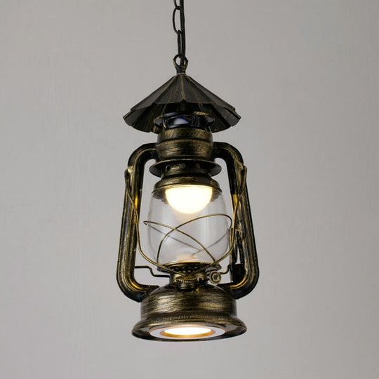 Simplicity Lantern Hanging Light For Restaurants With Metallic Kerosene Bulb Bronze / 7 D