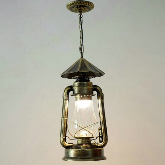 Simplicity Lantern Hanging Light For Restaurants With Metallic Kerosene Bulb Bronze / 8.5 D