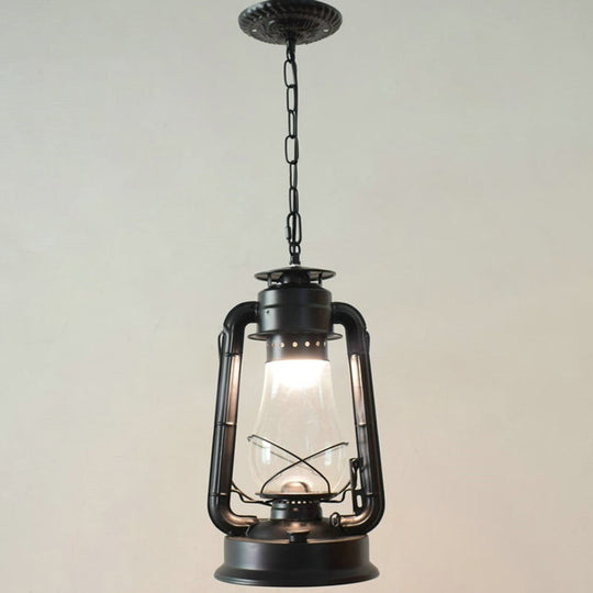 Simplicity Lantern Hanging Light For Restaurants With Metallic Kerosene Bulb Black / 8.5 A