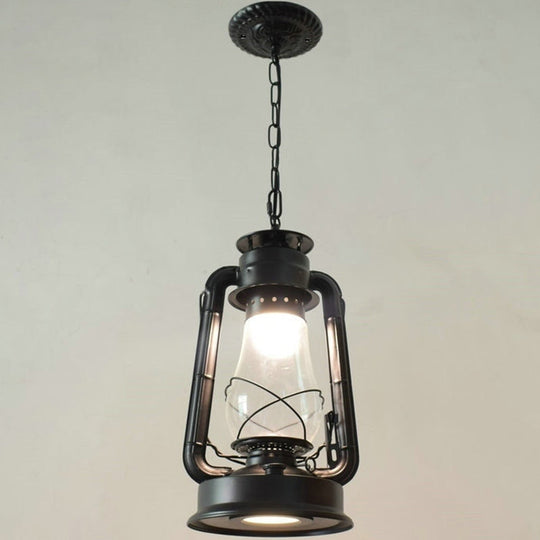 Simplicity Lantern Hanging Light For Restaurants With Metallic Kerosene Bulb Black / 8.5 B