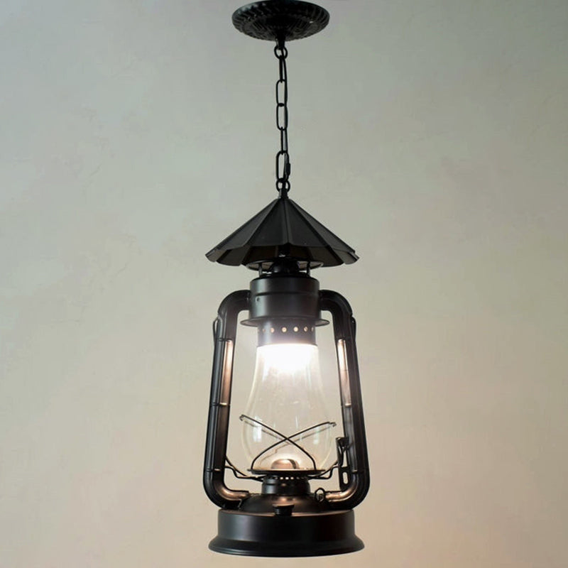 Simplicity Lantern Hanging Light For Restaurants With Metallic Kerosene Bulb Black / 8.5 C