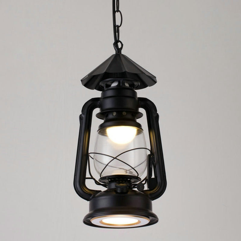 Simplicity Lantern Hanging Light For Restaurants With Metallic Kerosene Bulb Black / 7 D