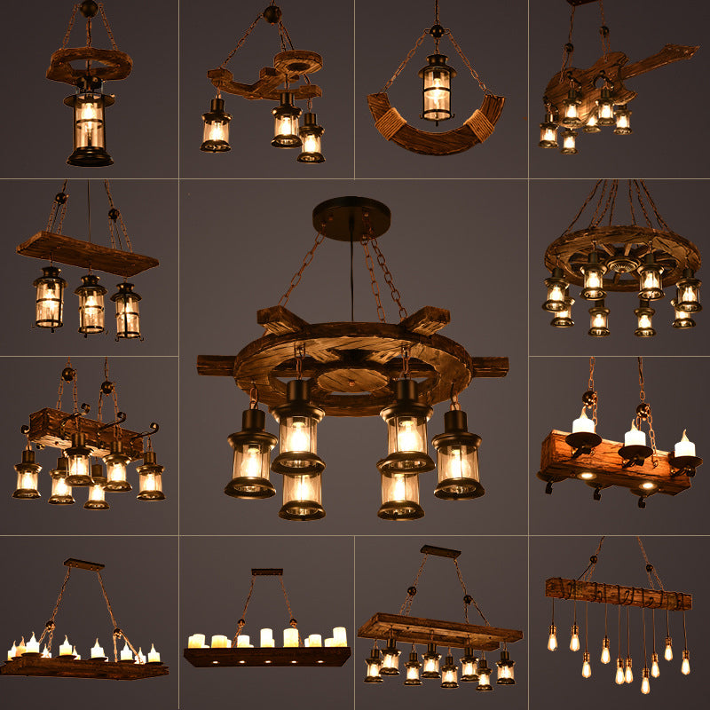 Iron Lantern Chandelier, antique pendant lighting for commercial restaurants with wooden accents