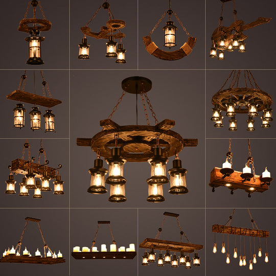 Iron Lantern Chandelier, antique pendant lighting for commercial restaurants with wooden accents