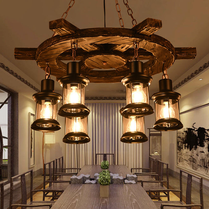 Iron Lantern Chandelier, antique pendant lighting for commercial restaurants with wooden accents