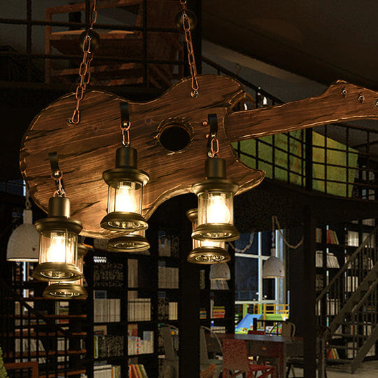 Iron Lantern Chandelier, antique pendant lighting for commercial restaurants with wooden accents