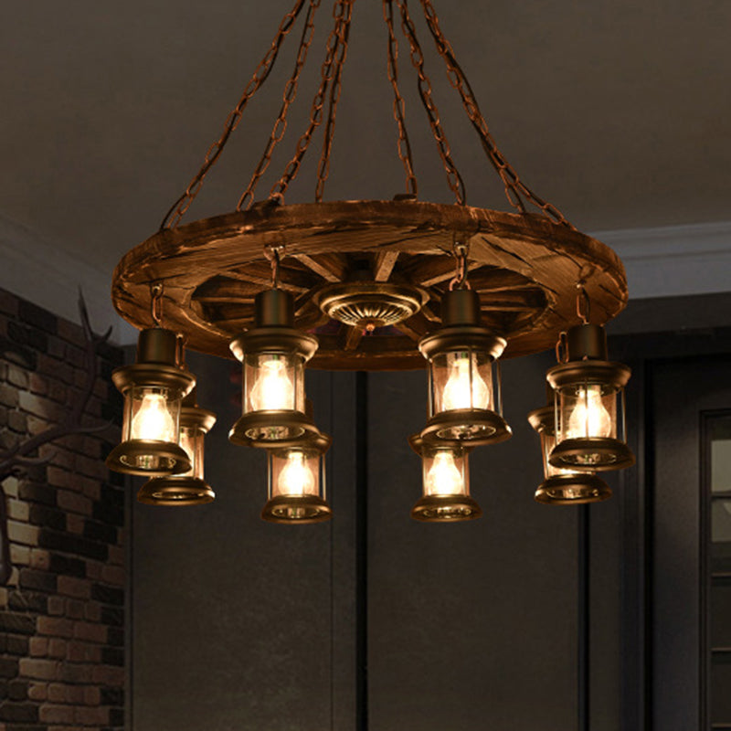 Iron Lantern Chandelier, antique pendant lighting for commercial restaurants with wooden accents