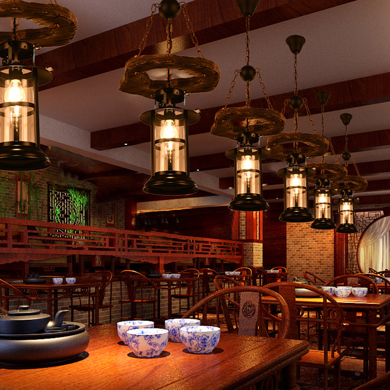 Iron Lantern Chandelier, antique pendant lighting for commercial restaurants with wooden accents