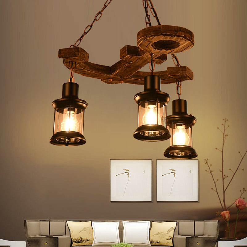 Iron Lantern Chandelier, antique pendant lighting for commercial restaurants with wooden accents