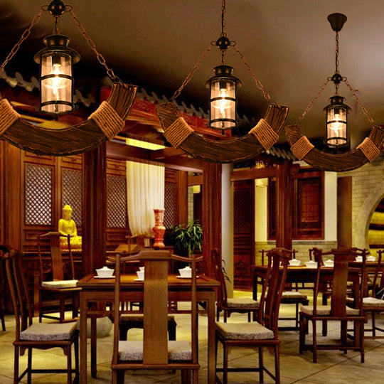 Iron Lantern Chandelier, antique pendant lighting for commercial restaurants with wooden accents