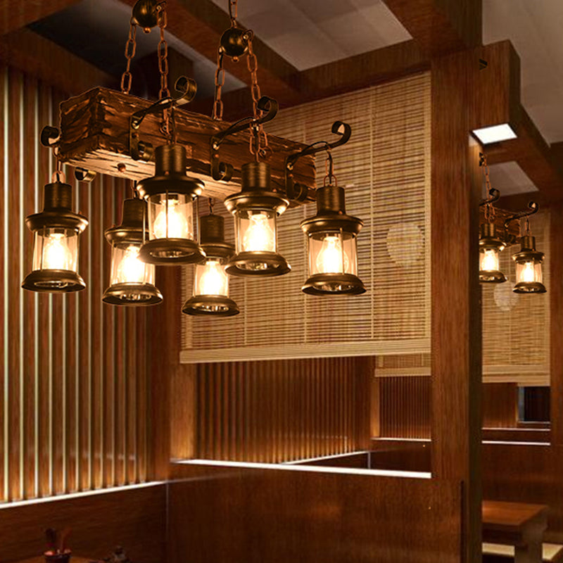 Iron Lantern Chandelier, antique pendant lighting for commercial restaurants with wooden accents