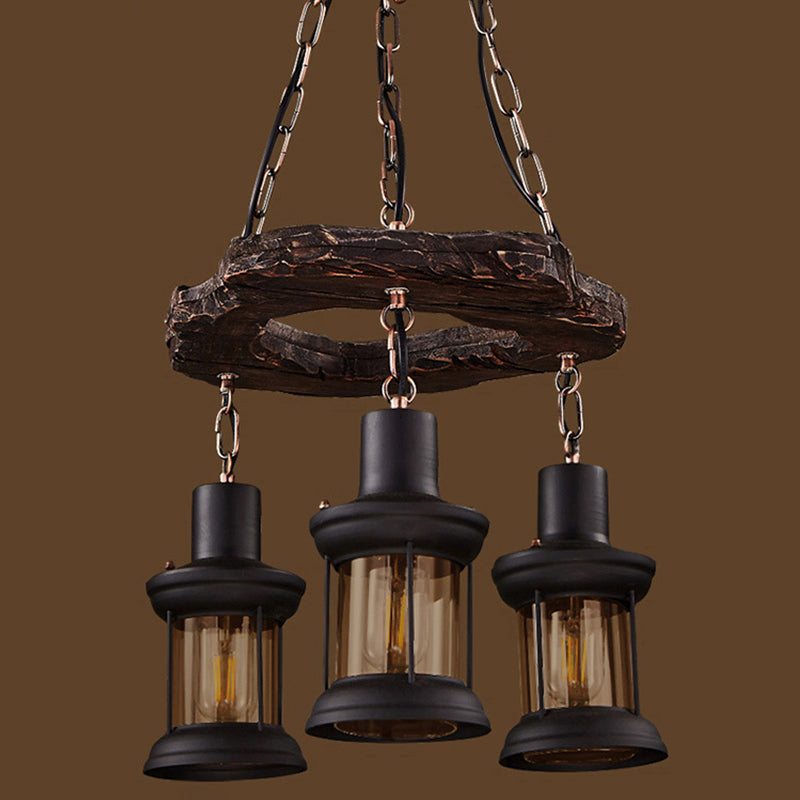 Vintage Distressed Wood Lantern Pendant Light with Clear Glass for Restaurants