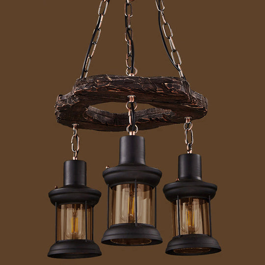 Vintage Distressed Wood Lantern Restaurant Chandelier With Clear Glass Suspension Light