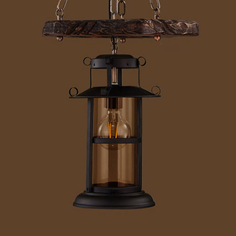 Vintage Distressed Wood Lantern Restaurant Chandelier With Clear Glass Suspension Light 1 /