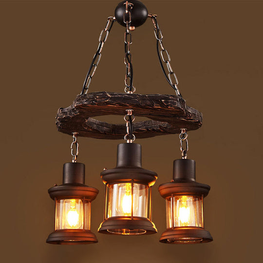 Vintage Distressed Wood Lantern Pendant Light with Clear Glass for Restaurants