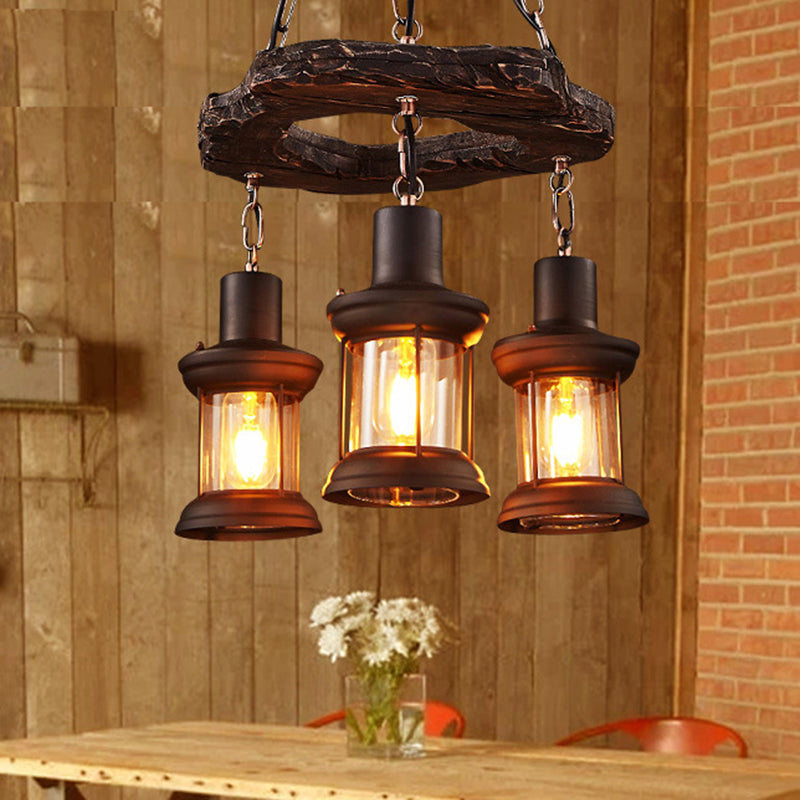 Vintage Distressed Wood Lantern Pendant Light with Clear Glass for Restaurants