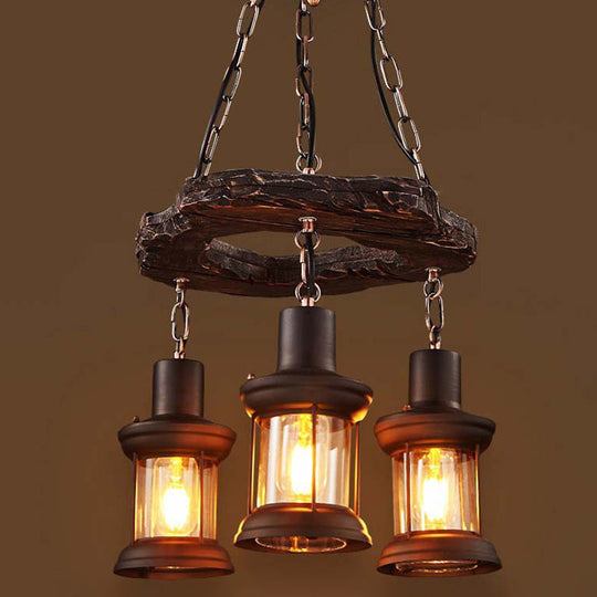 Vintage Distressed Wood Lantern Pendant Light with Clear Glass for Restaurants