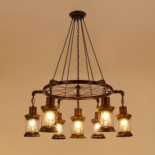 Wagon Wheel Chandelier with Clear Glass Shade in Bronze - Industrial Pendant Lighting