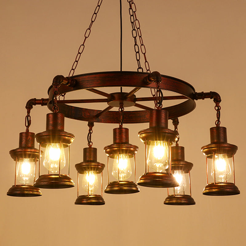 Wagon Wheel Chandelier with Clear Glass Shade in Bronze - Industrial Pendant Lighting