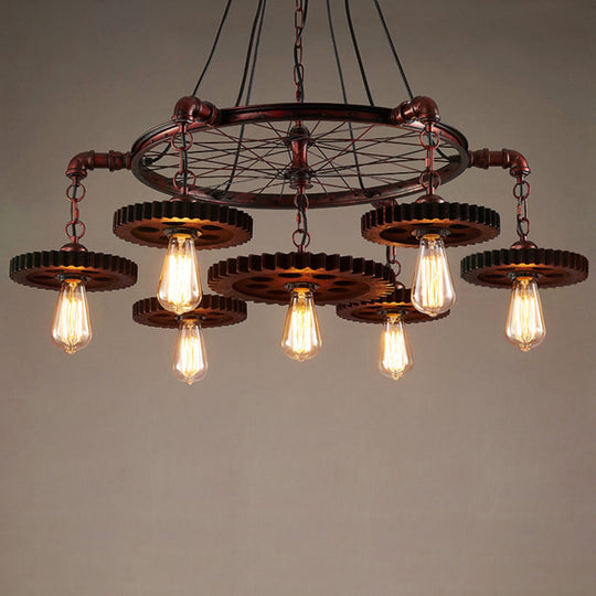 Wagon Wheel Chandelier with Clear Glass Shade in Bronze - Industrial Pendant Lighting